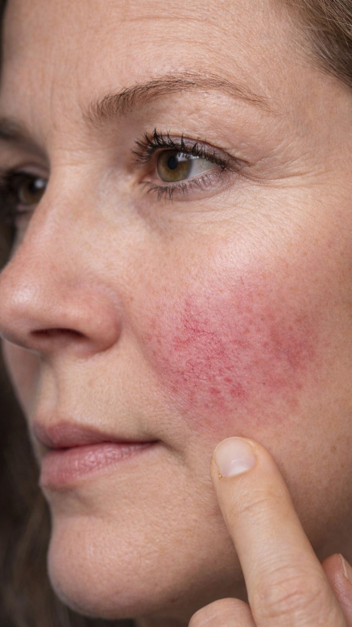 Femme avec des rougeurs de rosacée sur les joues
